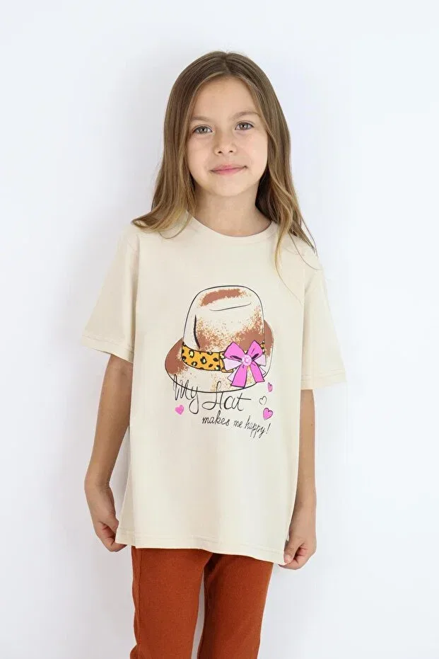 Детская футболка для девочек с принтом Basic Printed Girl's T-Shirt 4-10 Years Miababy, Hardal — фото 4