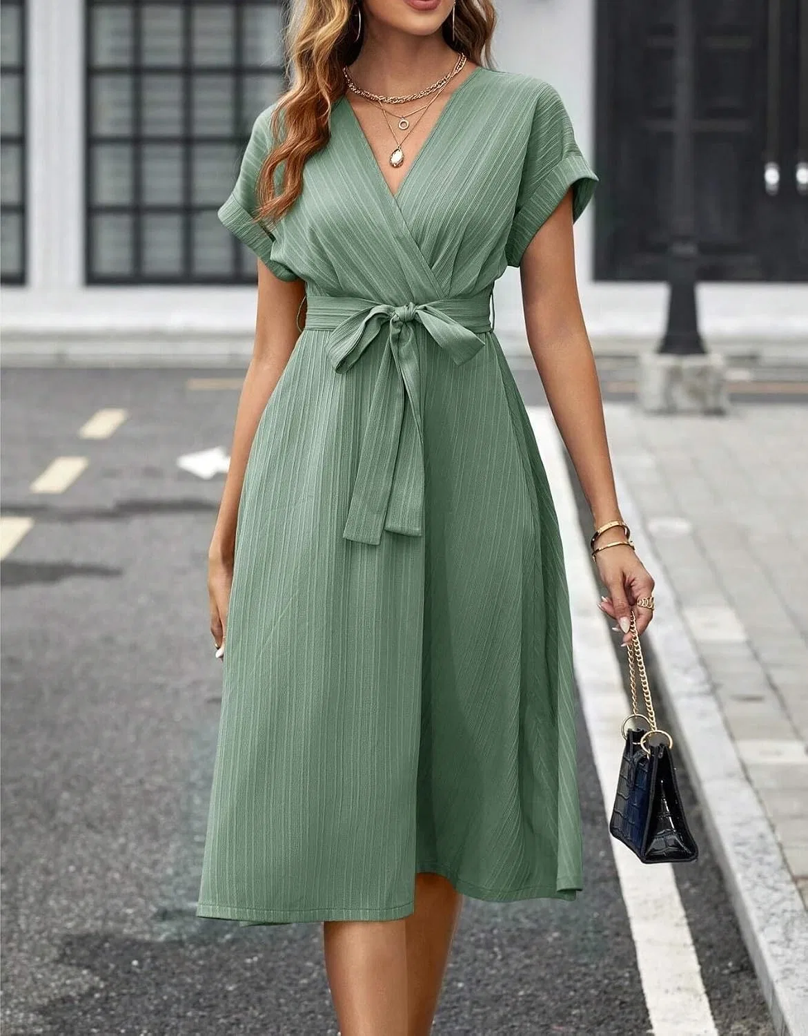 Женское платье миди с V-образным вырезом и поясом, Mint Green — фото 4