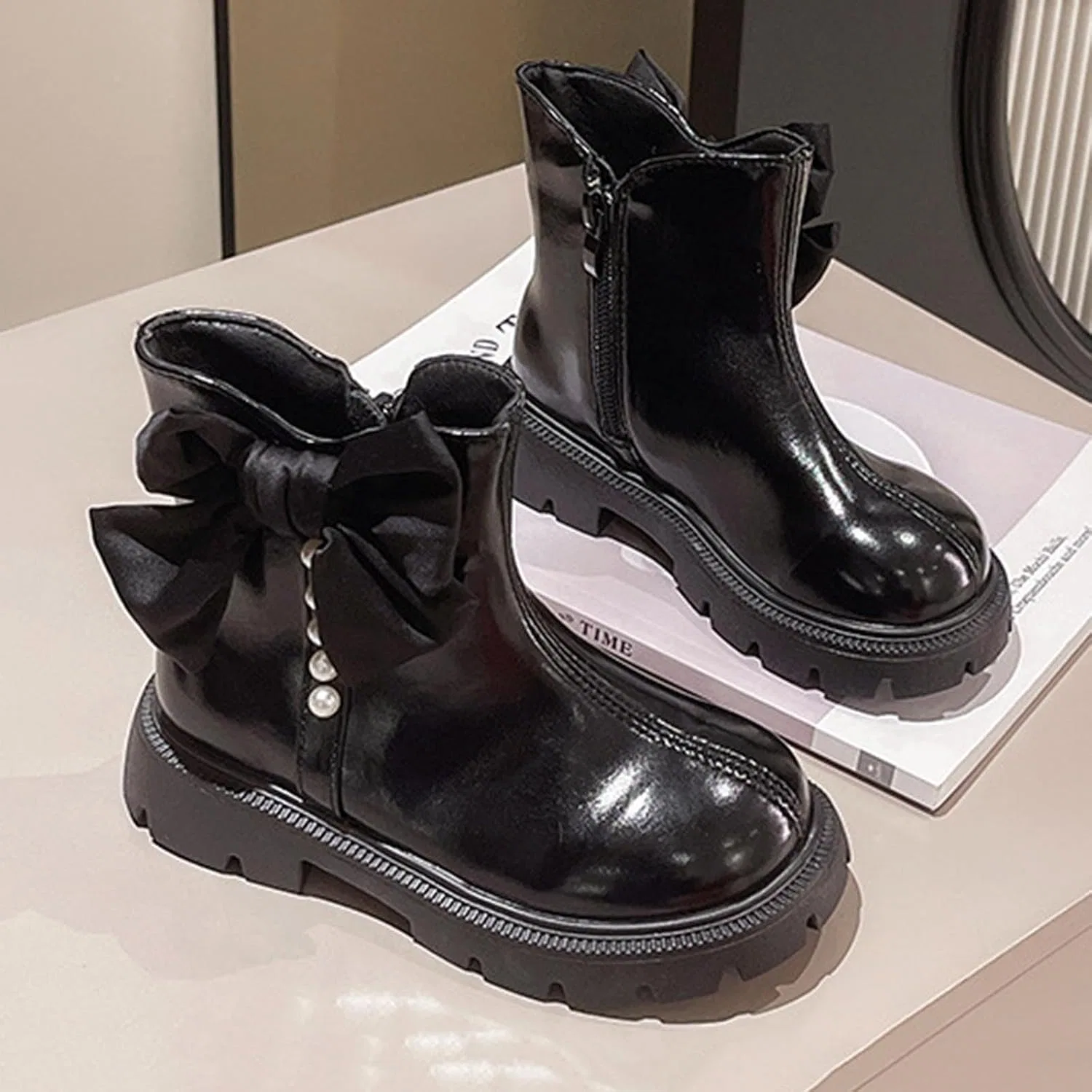 Детские ботинки для девочек с бантом и жемчугом Riding Boots Zzalalana, Black — фото 3