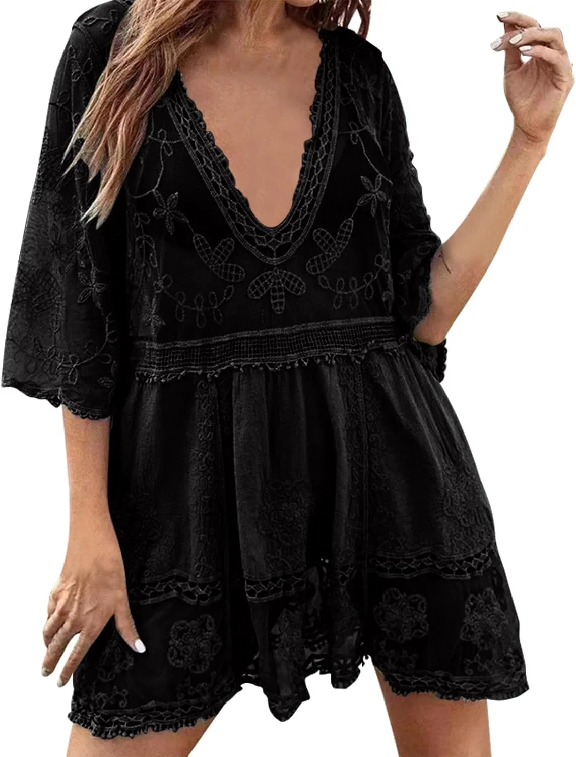 Женское кружевное платье-туника Plunge Boho Casual, Black