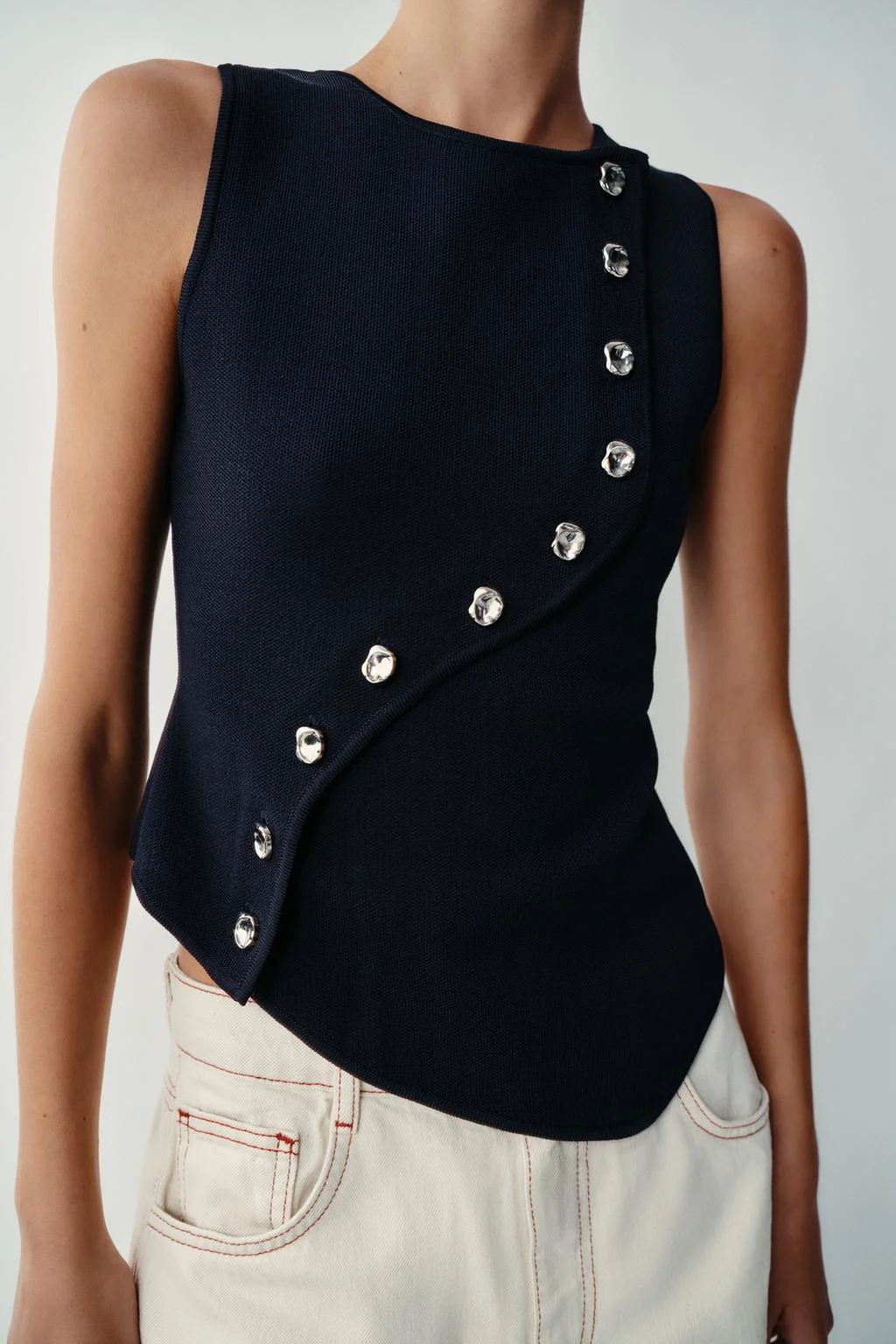 Топ Zara трикотажный с асимметричной застежкой, темно-синий — фото 2