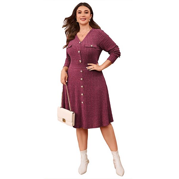 

Платье-свитер миди на пуговицах с резинкой до колен для женщин Plus size Clearflower, Red