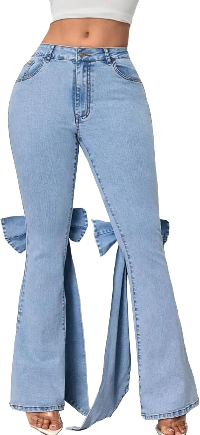 

Raboolion женские модные джинсы Y2K в обтяжку с расклешенным низом и бантом