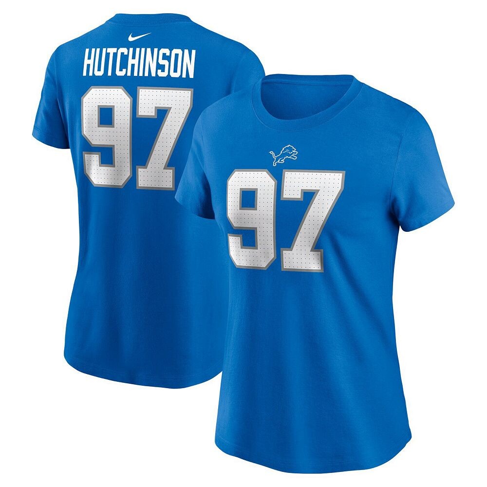 

Женская футболка Nike Aidan Hutchinson Blue Detroit Lions с именем и номером игрока, цвет Lns Blue
