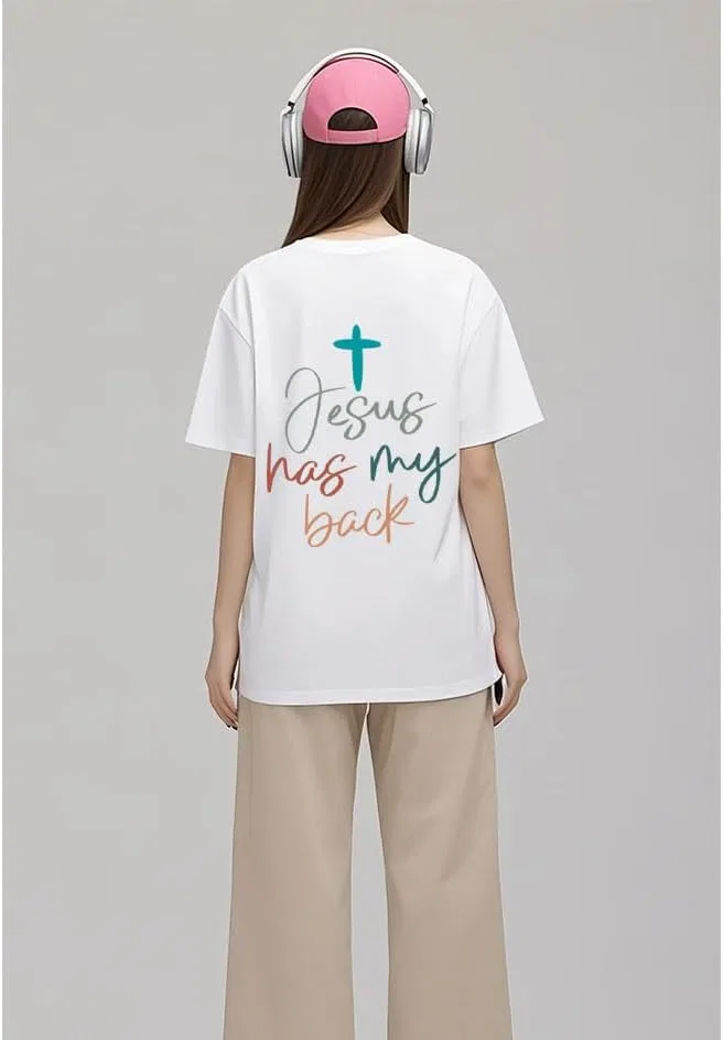 Женская футболка с принтом Jesus Has My Back Regular Fit V-Neck, Grey — фото 4