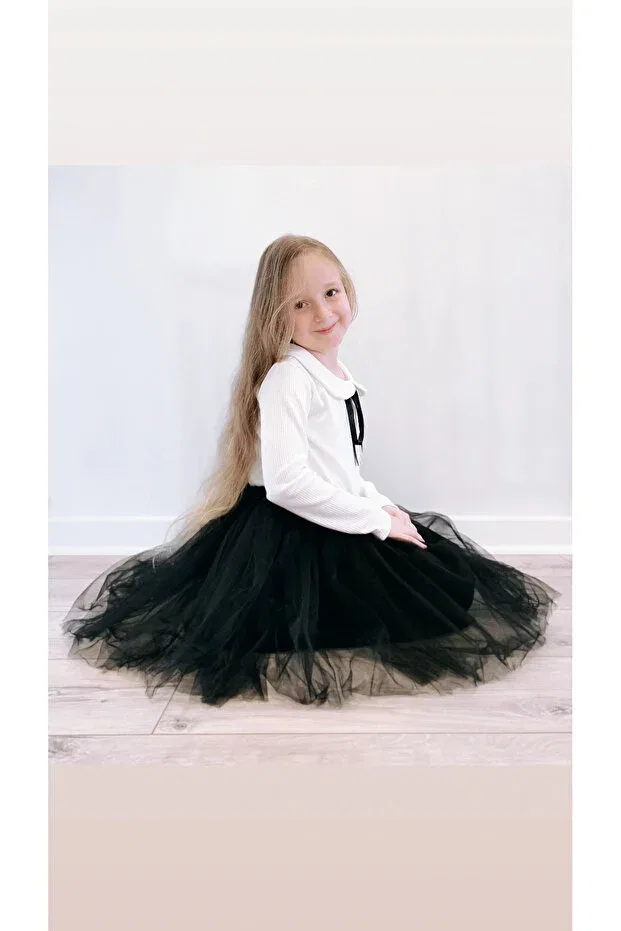 Детское платье для девочек с принтом Perla Long Sleeve Girls' Princess Puffy Tutu Dress Peter Pan Collar Stretchy Stretch Fabric Şirin Şeyler Butiği, Black And White — фото 3