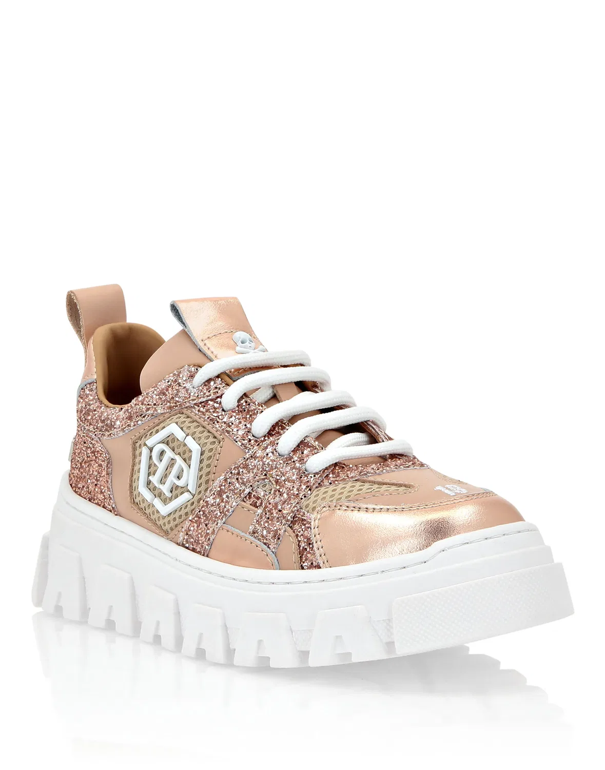 Детские кроссовки кожаные с шестиугольной эмблемой LO-TOP SNEAKERS MIX MATERIALS HEXAGON PHILIPP PLEIN, Rose/Pink