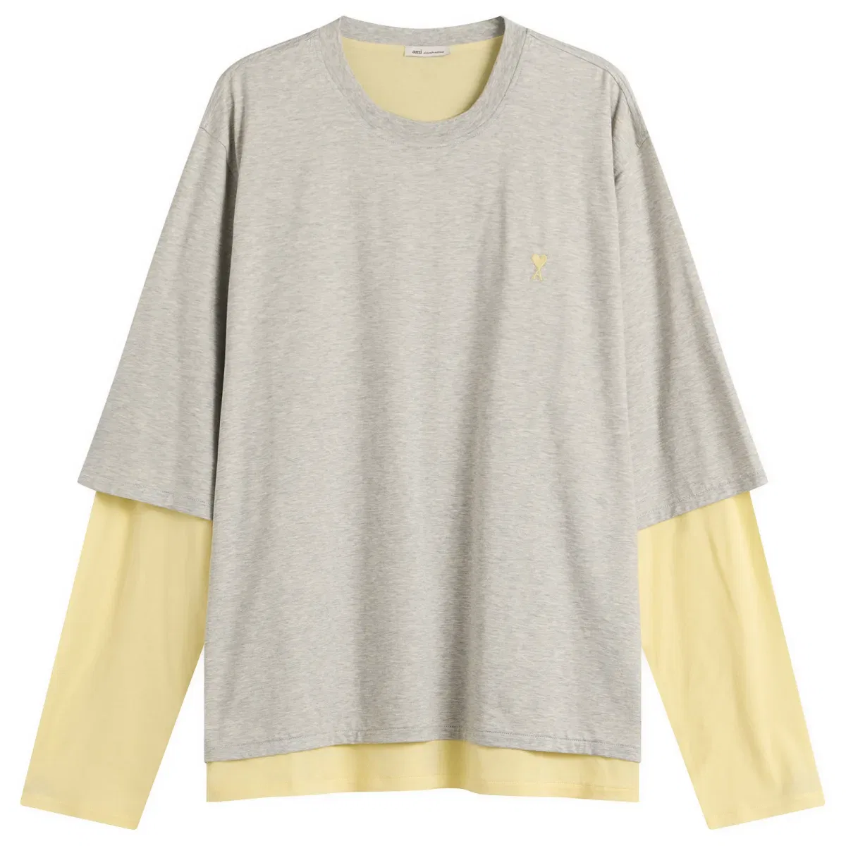 Футболка с длинным рукавом из двух слоев Mercerised Jersey ADC Double Layer T-Shirt Ami Paris, Gris Chine Clair/Jaune