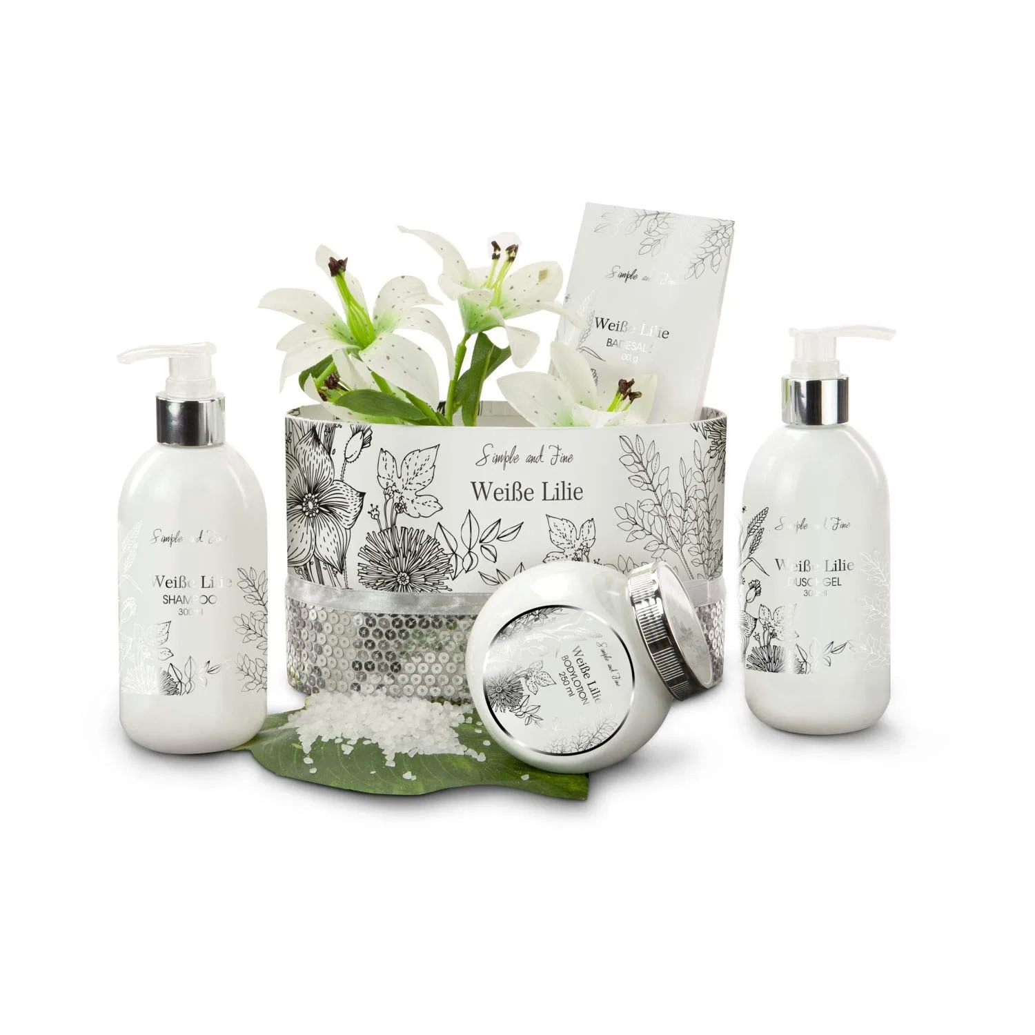 Набор для ванны White Lily, Römer Wellness, 5 предметов: 100 г соль, 300 мл гель, 300 мл шампунь, 250 мл лосьон, 20.5x10.5x27 см, White
