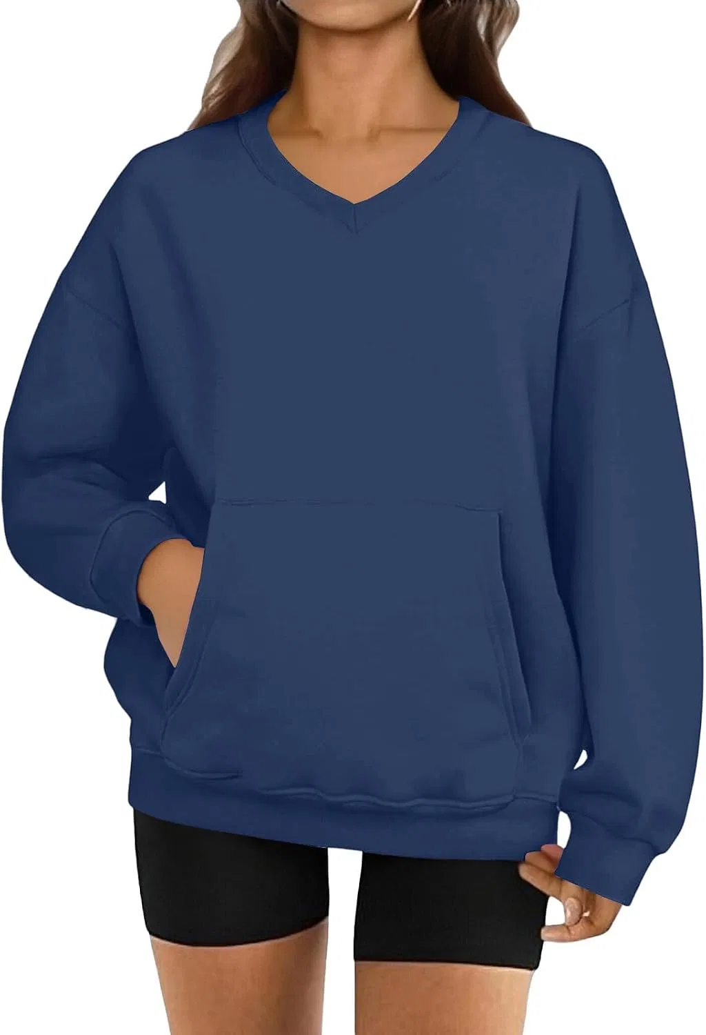 Женский свитшот оверсайз с V-образным вырезом и карманом, 1-Royal Blue