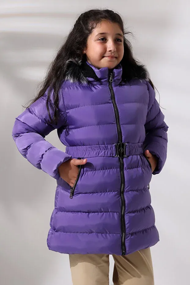Детское пальто для девочек с капюшоном Lila color fur inside belted children's mount Talsmoda, Lila — фото 2