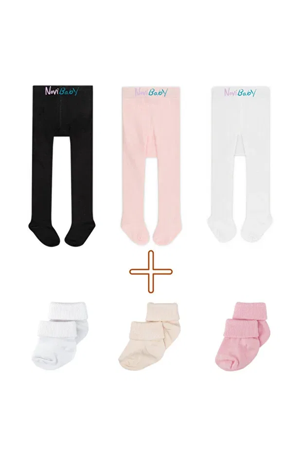 Детский комплект колготок и носков из хлопка и бамбука Novibaby, Black Pink White