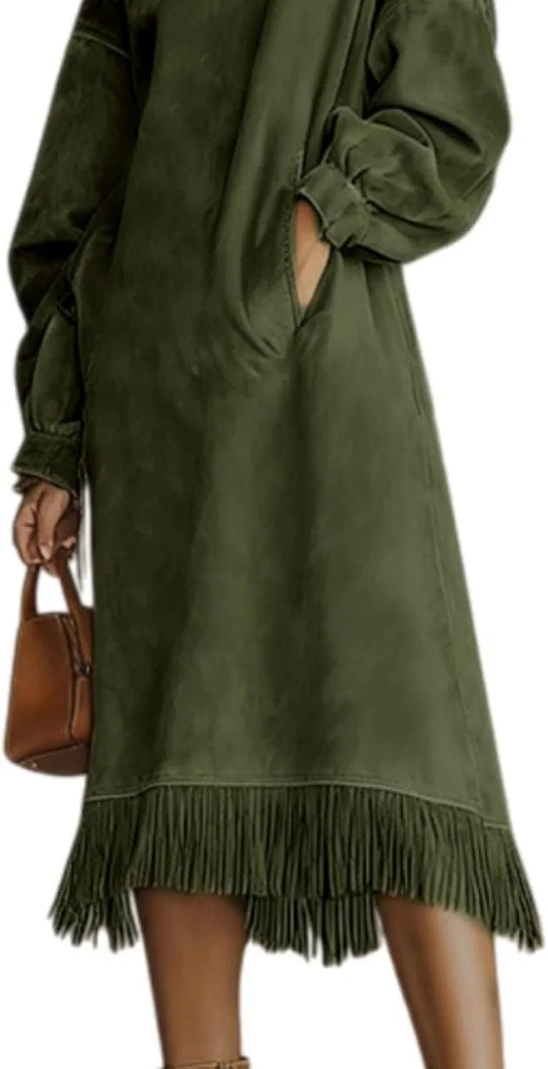 Женское мини-платье с бахромой из искусственной замши Turtleneck, Green — фото 2