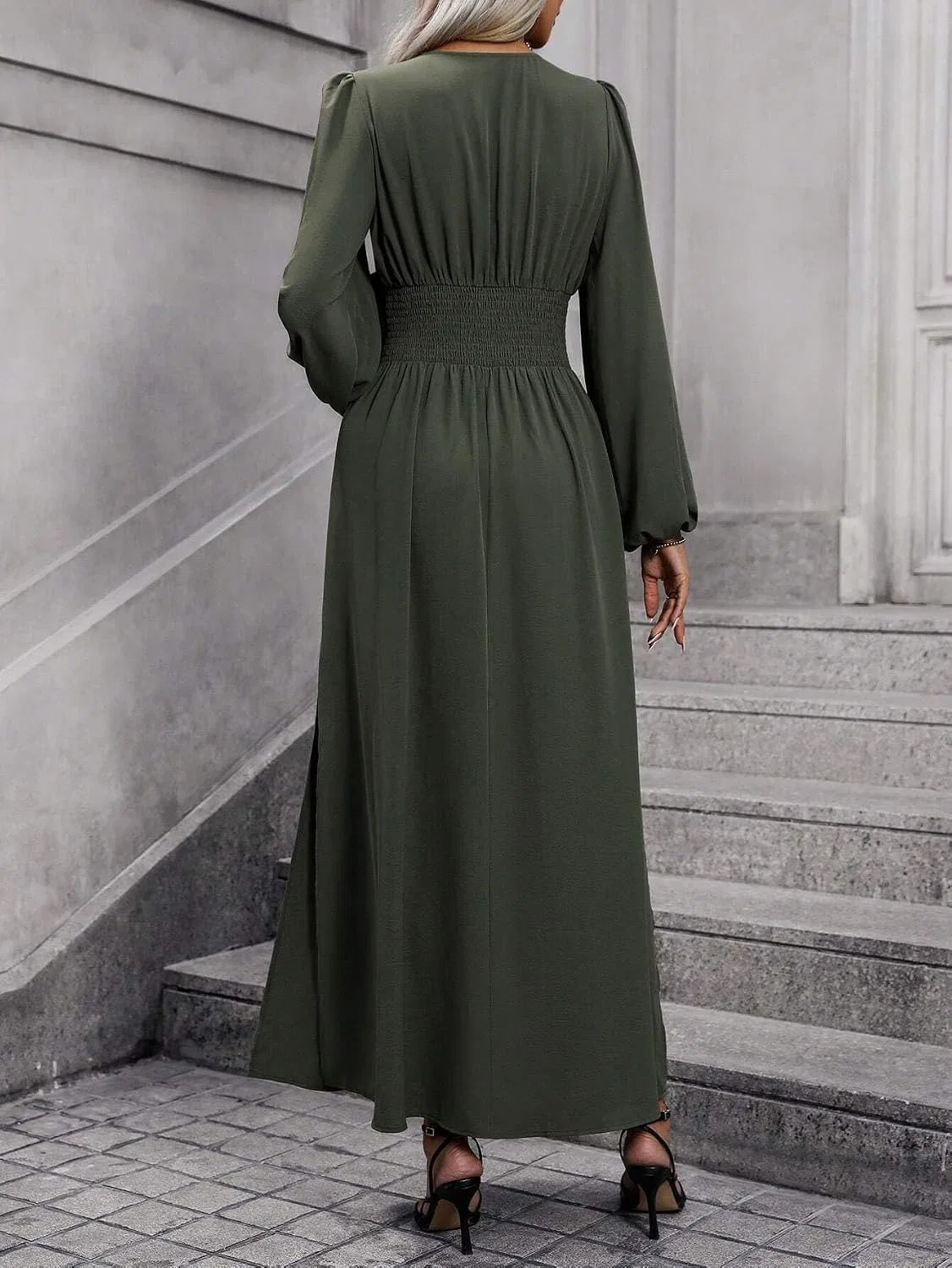 Женское длинное платье с защипами и разрезом A-силуэта, Army Green — фото 2