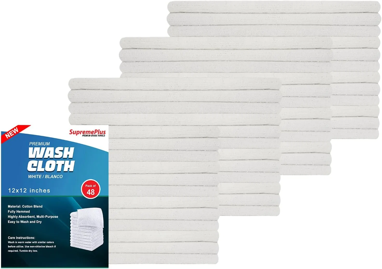 Махровая мочалка Premium Heavy Terry Wash Cloth Set 48 шт, SupremePlus, 12x12 дюймов, 600gsm — фото 2