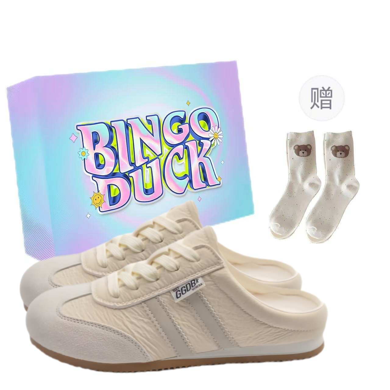 Женские сандалии с закрытым носком и подошвой TPR, устойчивые к истиранию BINGO DUCK, Ecru+Exclusive Shoe Box+Gift Socks