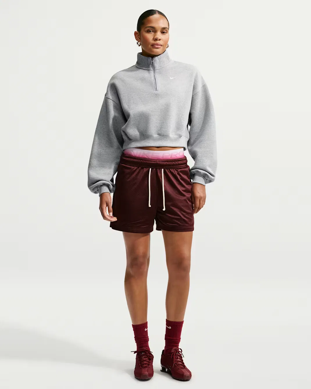 Женский укороченный топ свободного кроя с молнией на четверть длины Nike Studio Fleece Medium Weight, Dark Grey Heather/Sail — фото 4