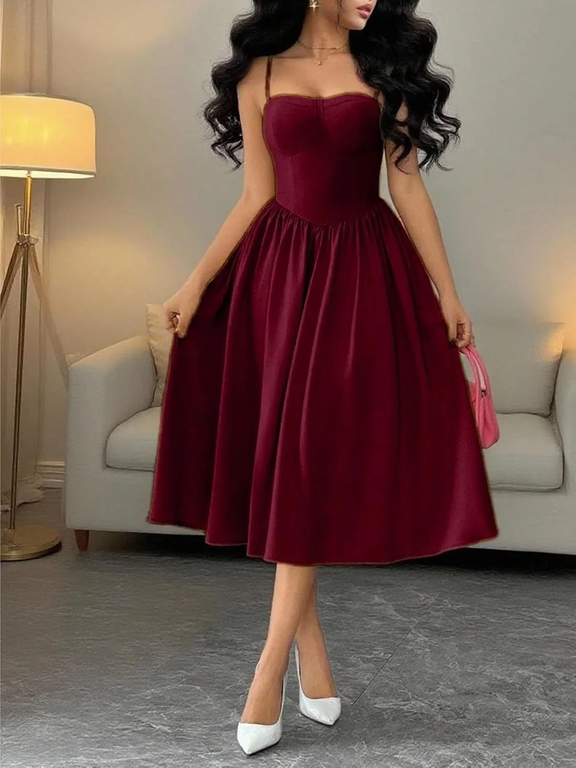 Женское элегантное платье-комбинация с открытой спиной Generic, Burgundy — фото 3