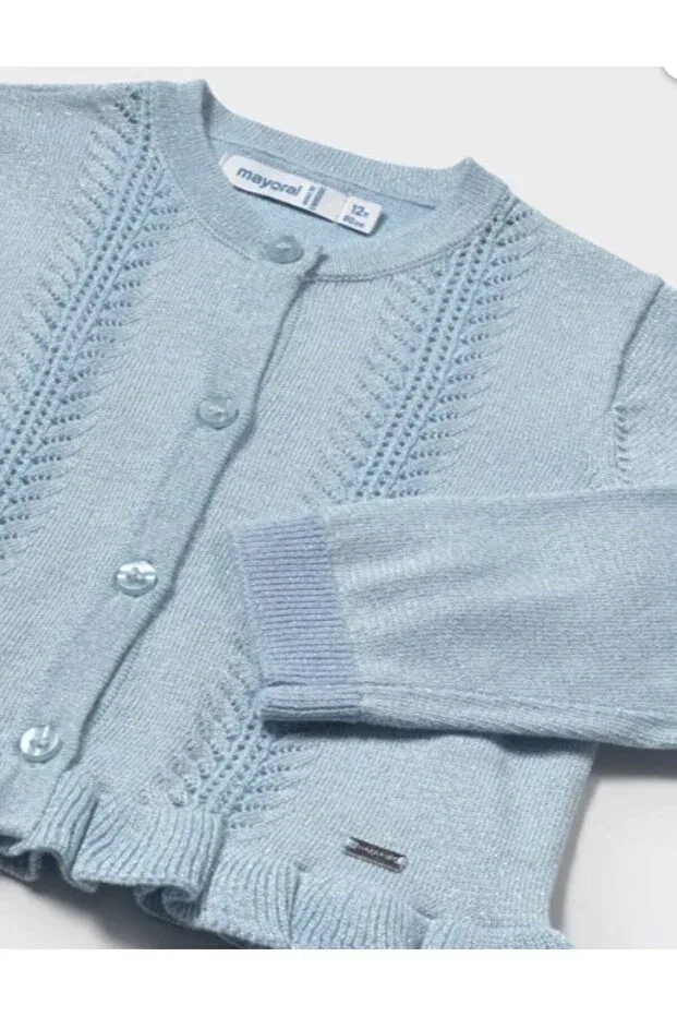 Детский кардиган для девочек с рюшами Girl baby 1398 ruffled knit cardigan gkm0404 Mayoral, Ice Blue — фото 3