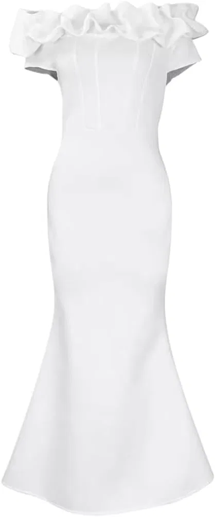 Женское платье с силуэтом русалка Slash Neck Fishtail Midi Dress, White