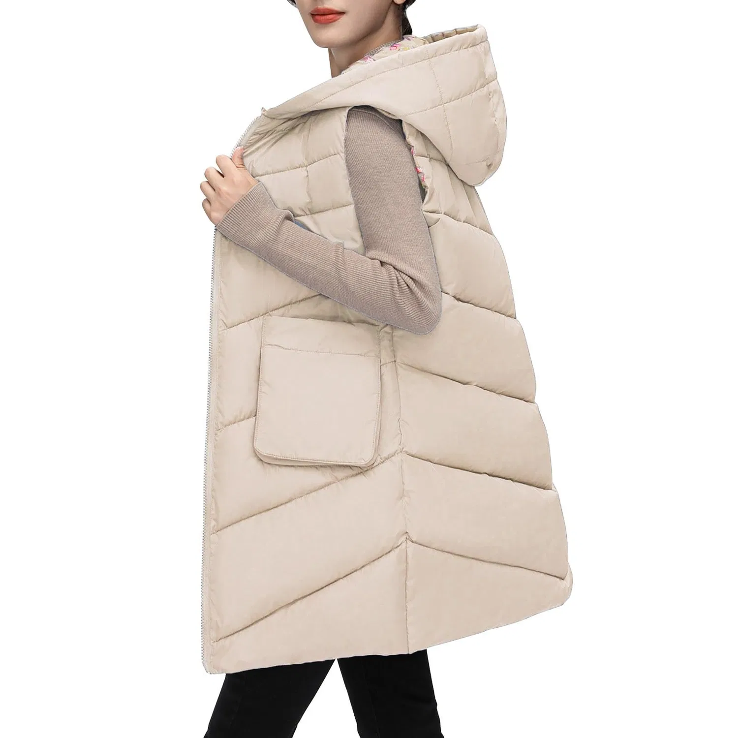 Женский жилет с капюшоном, без рукавов, длинный, теплый, однотонный, beige