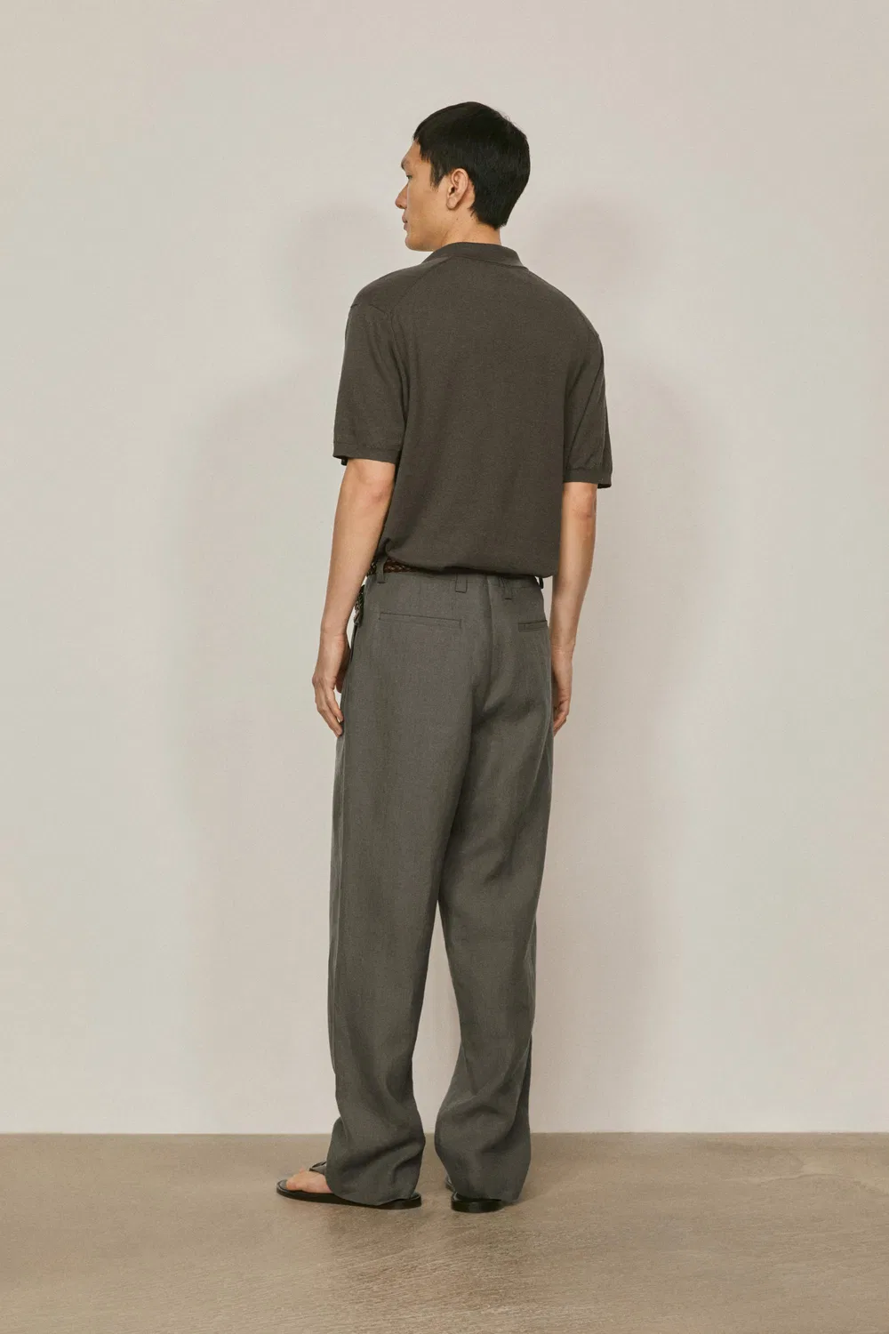 Вязаный поло из хлопка и льна - лимитированная серия Massimo Dutti, Dark Khaki — фото 3
