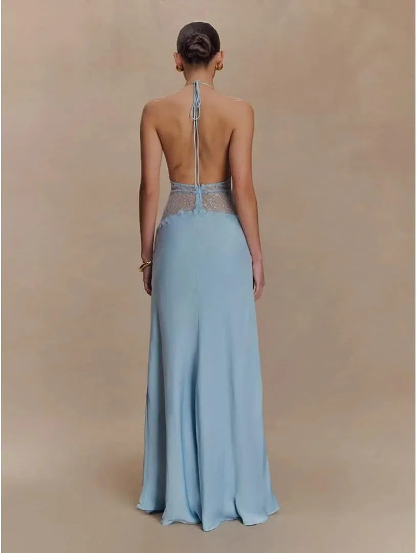 Женское вечернее платье с глубоким декольте и открытой спиной Satin, Blue — фото 3
