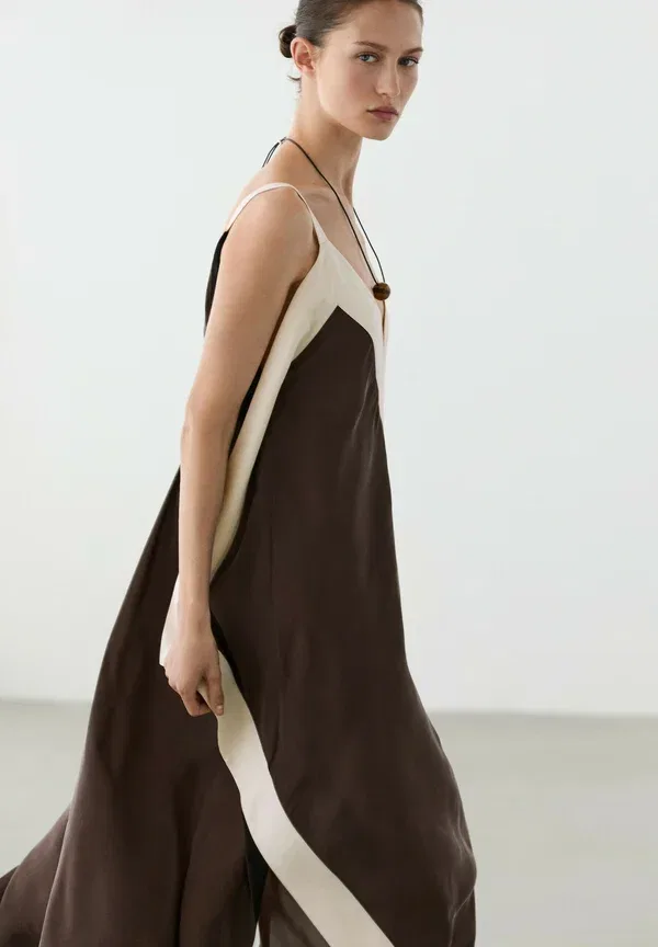 Платье макси из купро и вискозы Flowing midi dress with contrast trim detail, Massimo Dutti, темно-коричневый — фото 3