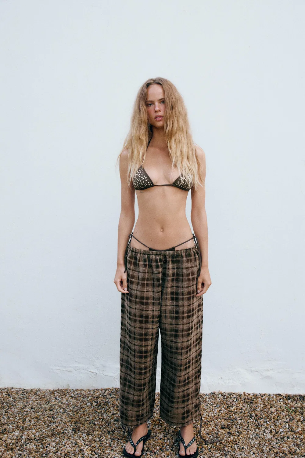 Брюки-саруэль в клетку с регулируемым низом ZARA, Brown/Ecru