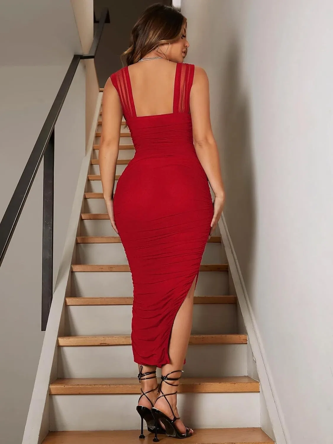 Женское длинное платье-комбинация с разрезом Bodycon, Burgundy — фото 3