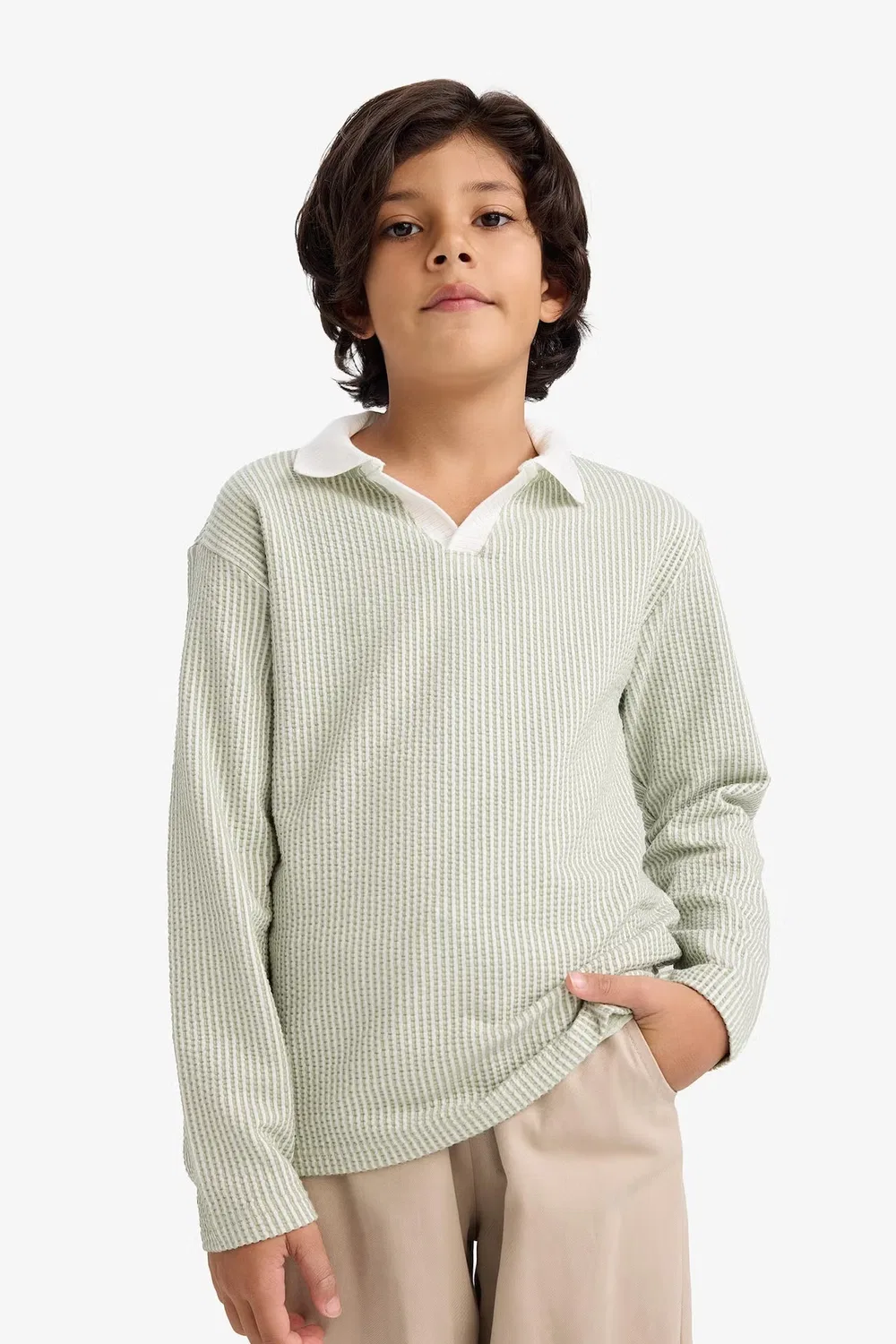 Лонгслив с воротником поло, модель Boy polo neck long sleeve t-shirt, Defacto, бирюзовый — фото 3