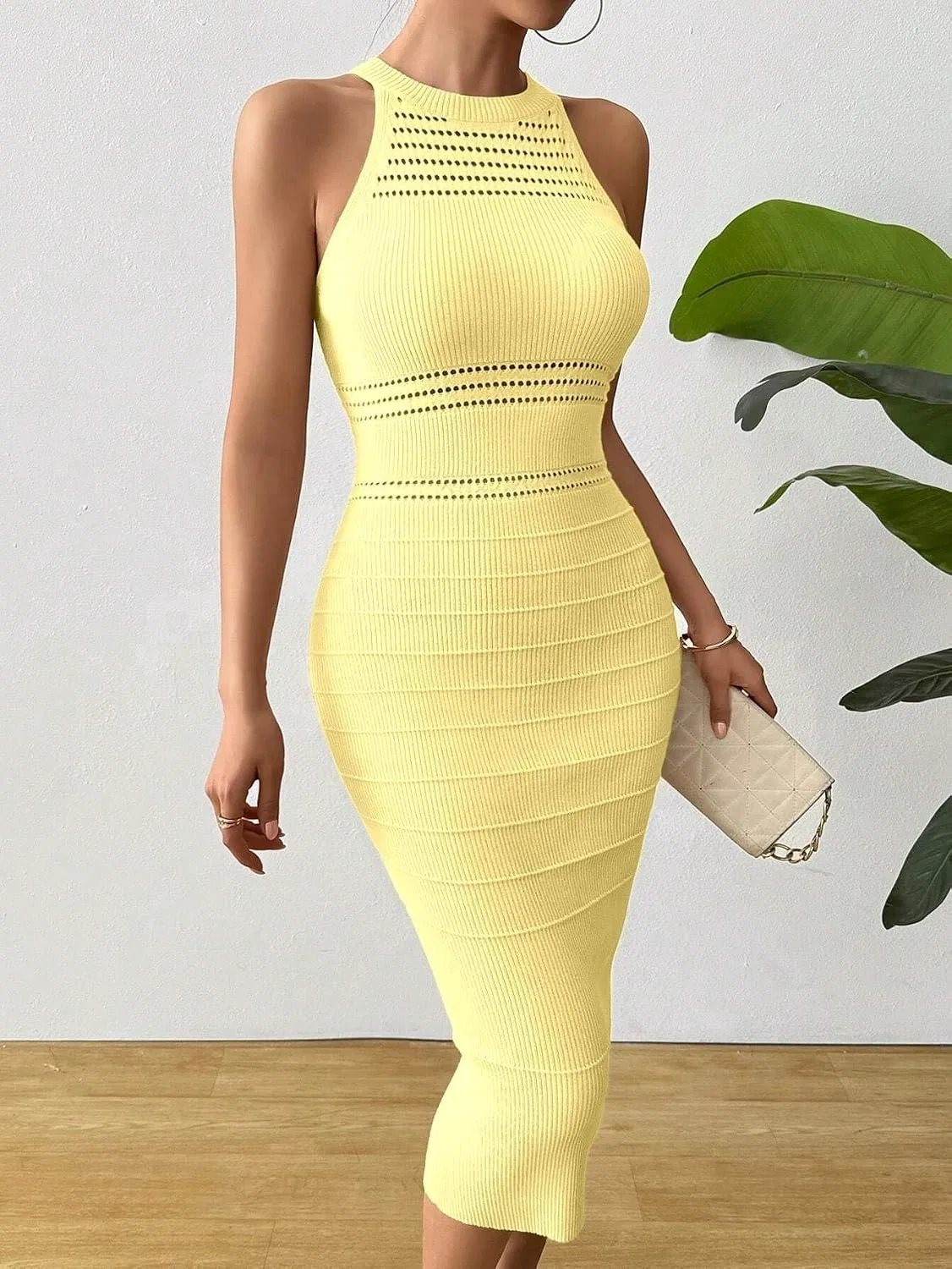 Женское трикотажное миди-платье без рукавов Rib-Knit, Yellow — фото 4
