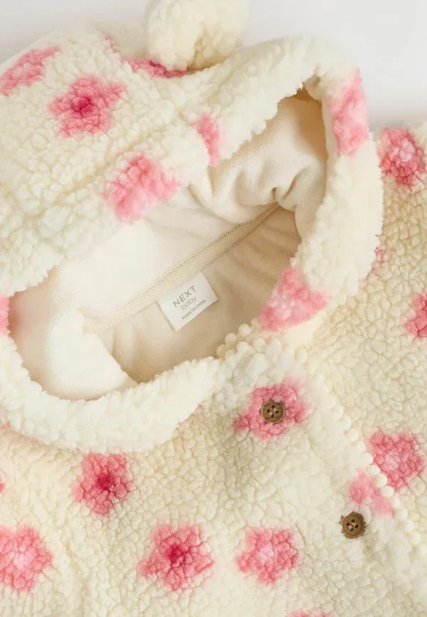 Куртка флисовая Regular fit - borg hooded baby jacket Next ecru and pink floral, розовый — фото 2