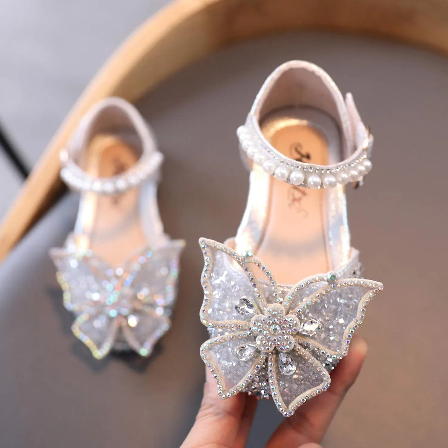 Детские туфли для девочек с принтом Rhinestone Butterfly Shoes, Silver — фото 2