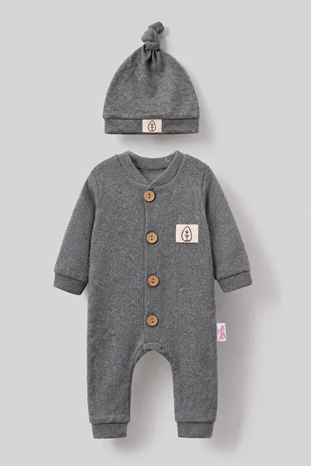 Детский комбинезон для новорожденных хлопковый Unisex wooden button visual hat waffle stylish baby jumpsuit-grey Generic Brands, Gray