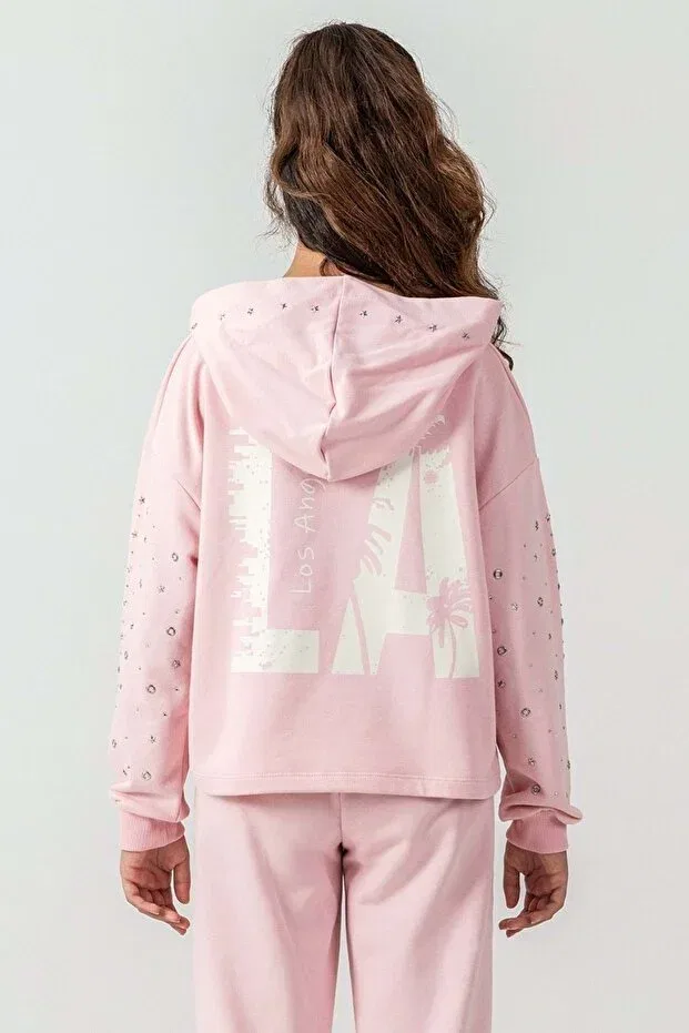 Детский комплект из футера с принтом для девочек Girl'S Stone Detailed Los Angeles Printed Hooded Tracksuit Set Ww Waka Waka Kids Store, Pink — фото 3