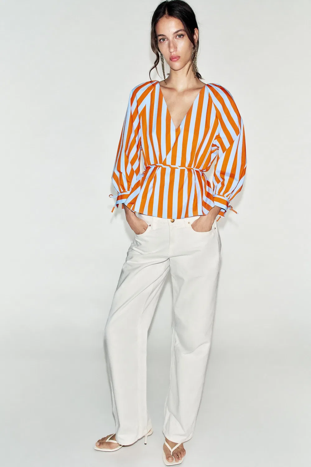 Рубашка в полоску с узким поясом ZARA, striped