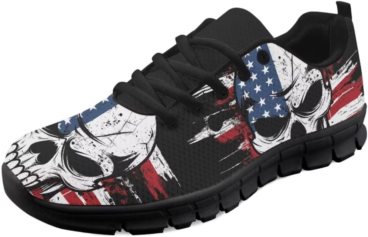 

Кроссовки с американским флагом для женщин, беговые и теннисные обувь, легкие спортивные трейловые кроссовки, мужские кроссовки ко Дню независимости США Getelinseng, American Flag Skull
