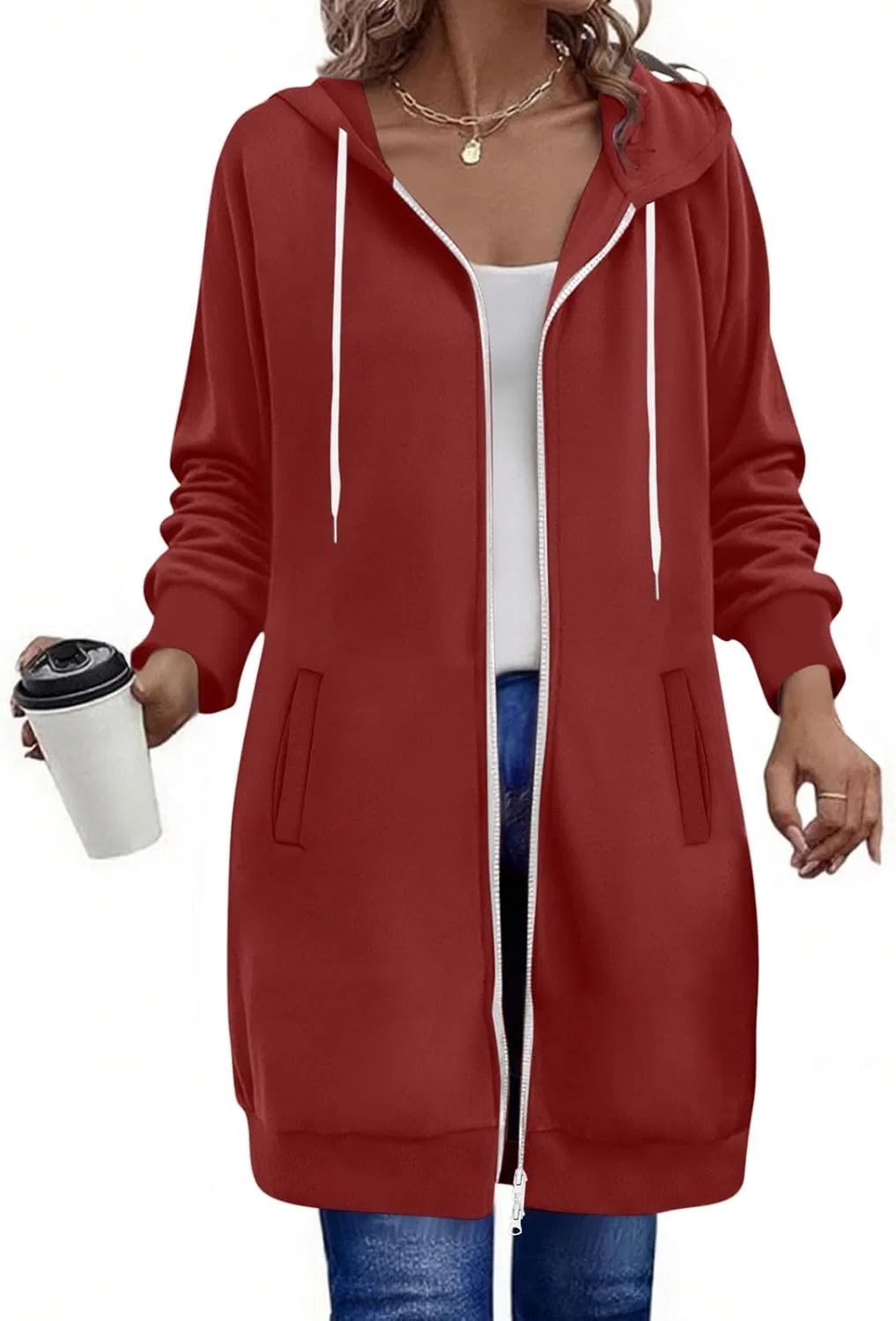 Женское удлинённое худи с двойной молнией, модель Double Zip, Red#1 — фото 2