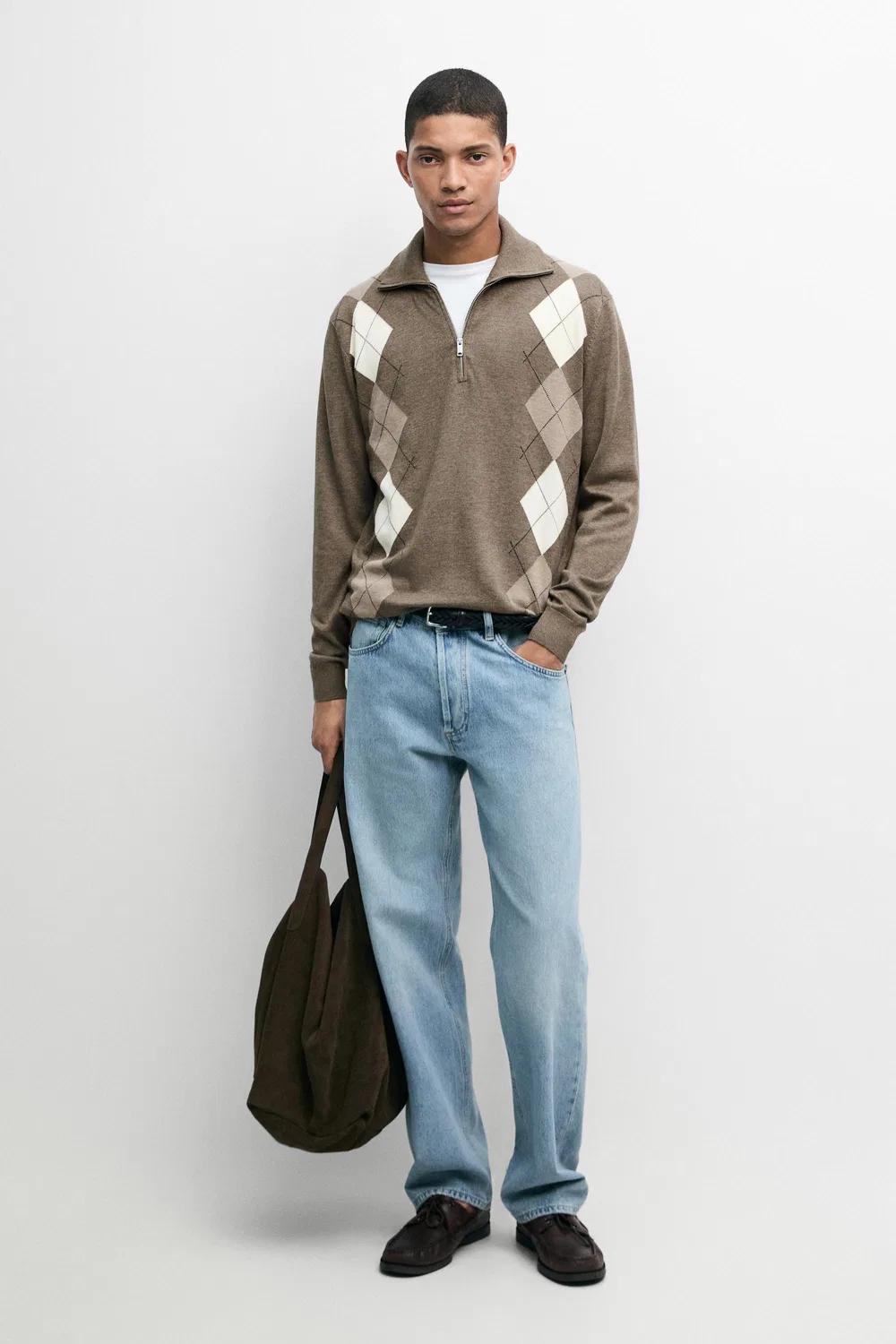 Свитер Massimo Dutti Argyle Quarter-Zip Knit, хаки — фото 3