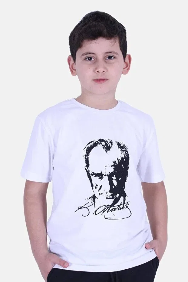 Детская футболка для мальчиков с принтом Ataturk Printed And Signed Unisexs T-Shirt Fyk Kids, White