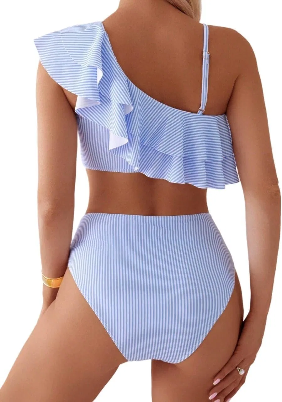 Женский бикини-сет с воланами High Waist Striped, Blue and White