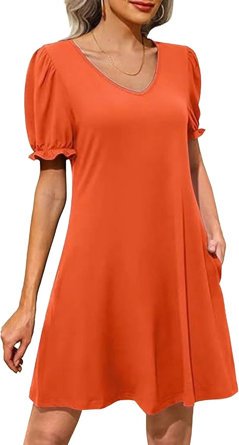 Женское коктейльное платье с V-образным вырезом и рукавами-фонариками, Orange