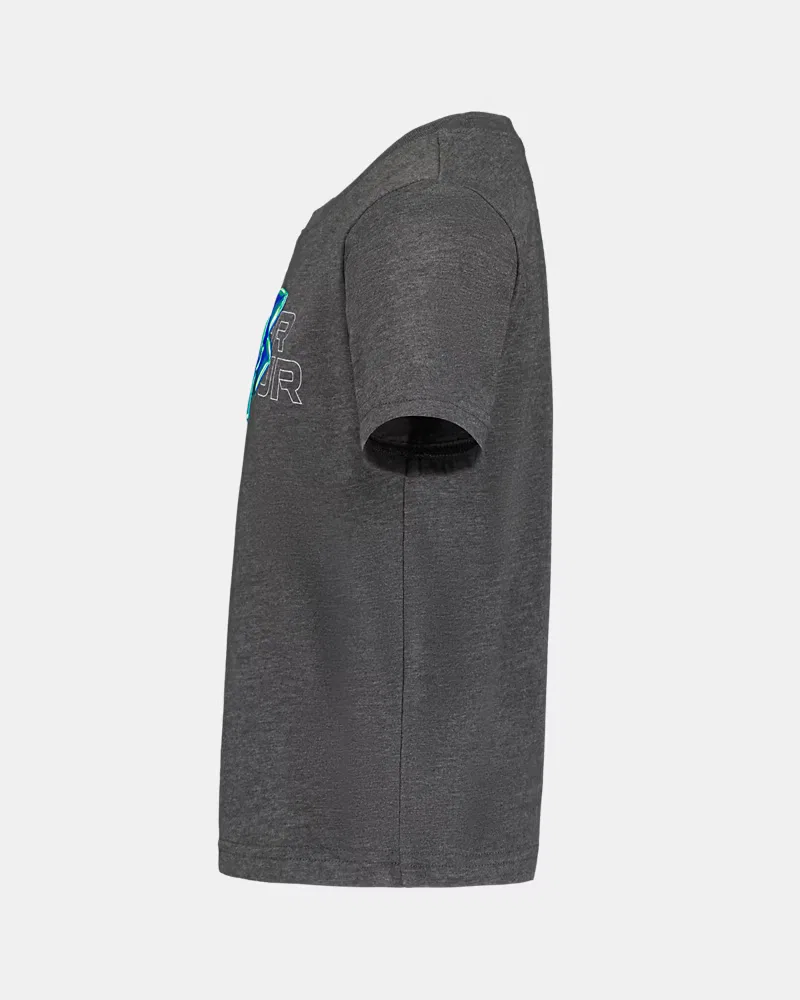Футболка для мальчиков с коротким рукавом, влагоотводящая, модель UA Puff Chrome Logo UnderArmour, Downpour Gray/Team Royal — фото 4
