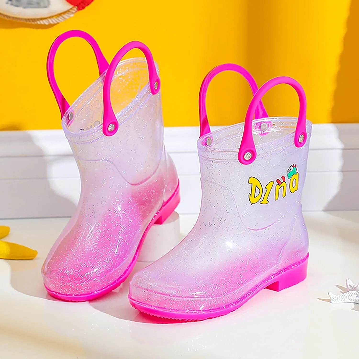 Детские сапоги резиновые с ручками для девочек IWIHMIV, Pink — фото 3