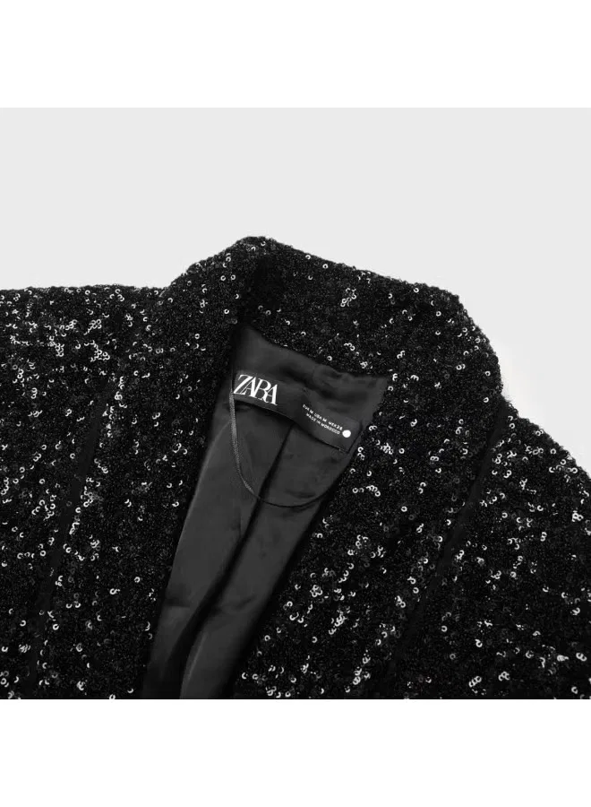 Блейзер с блестящими пайетками и подплечниками Zara, черный — фото 4