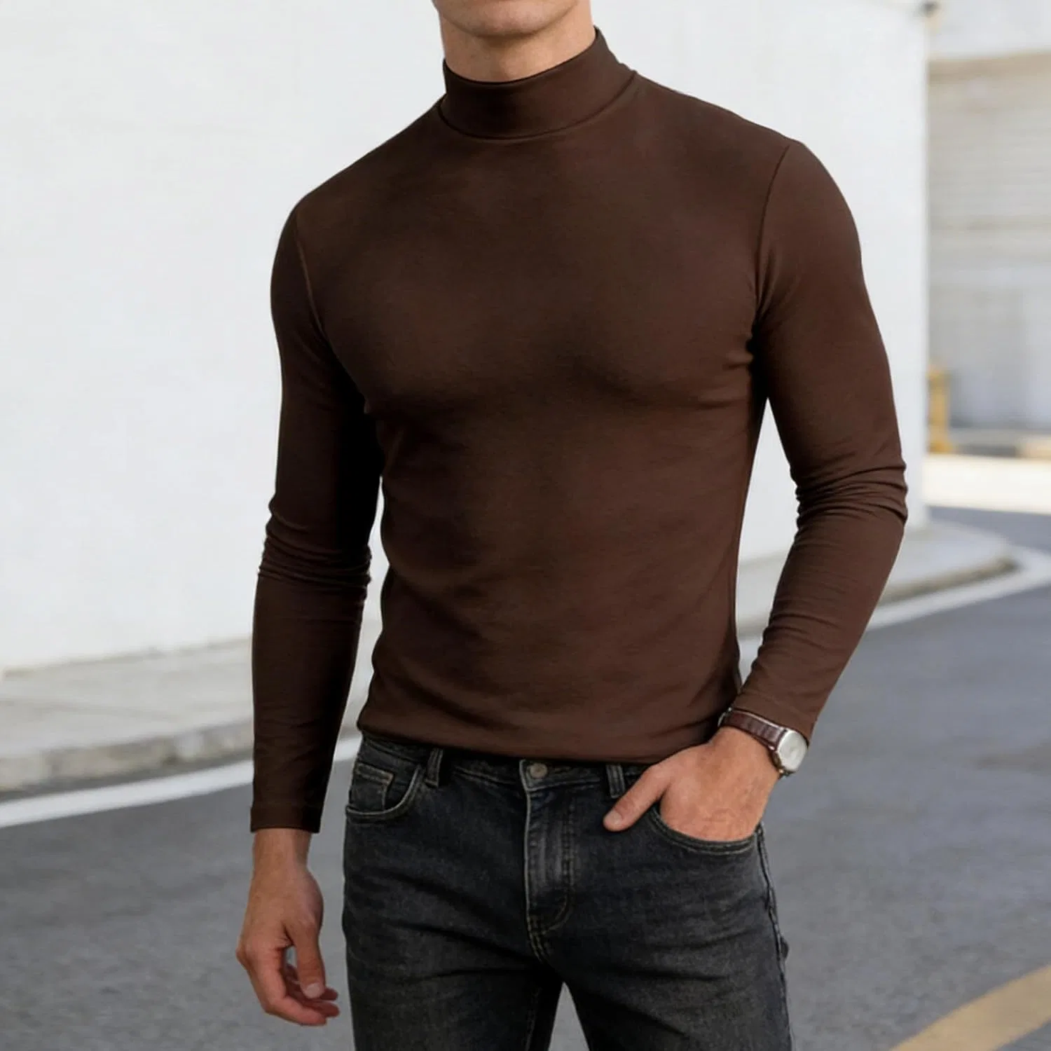 Мужская водолазка слим-фит Mock Neck Top, Coffee — фото 3