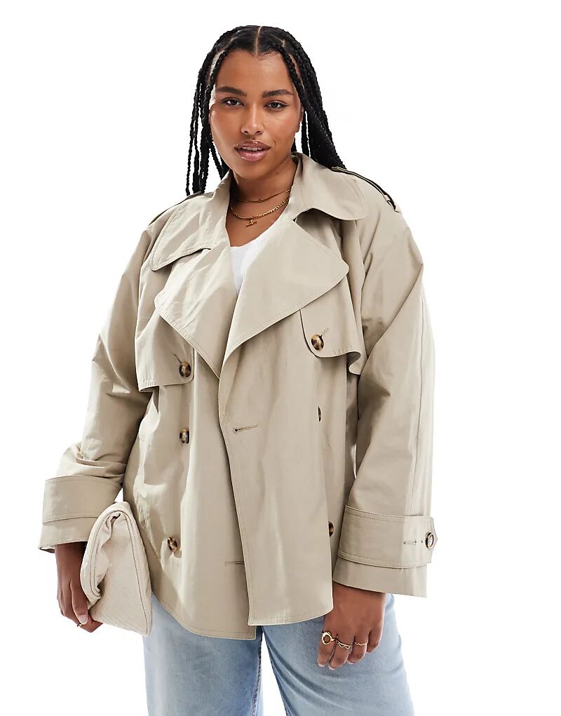 

Короткий тренчкот свободного кроя ASOS DESIGN Curve бежевого цвета с поясом