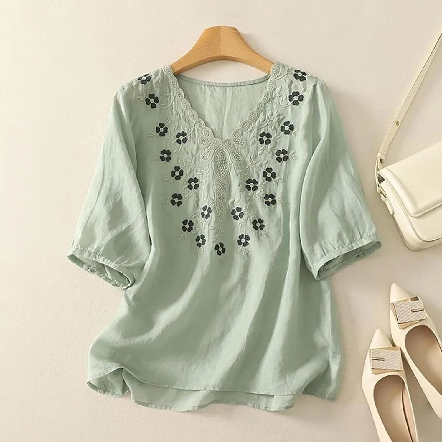 Футболка с цветочным принтом, из хлопка и льна T-Shirt, светло-зеленый — фото 4