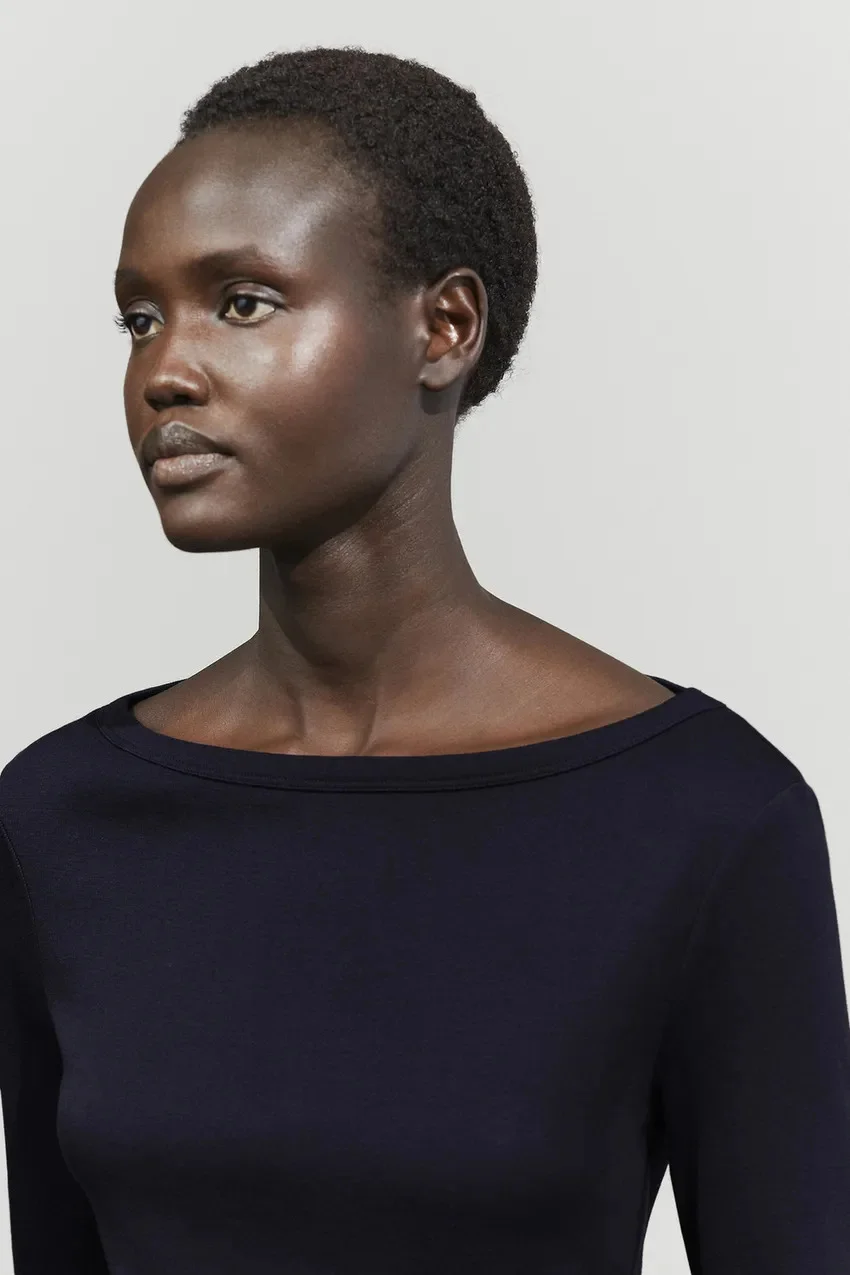 Лонгслив Massimo Dutti 100 % Cotton с вырезом лодочка, темно-синий — фото 2